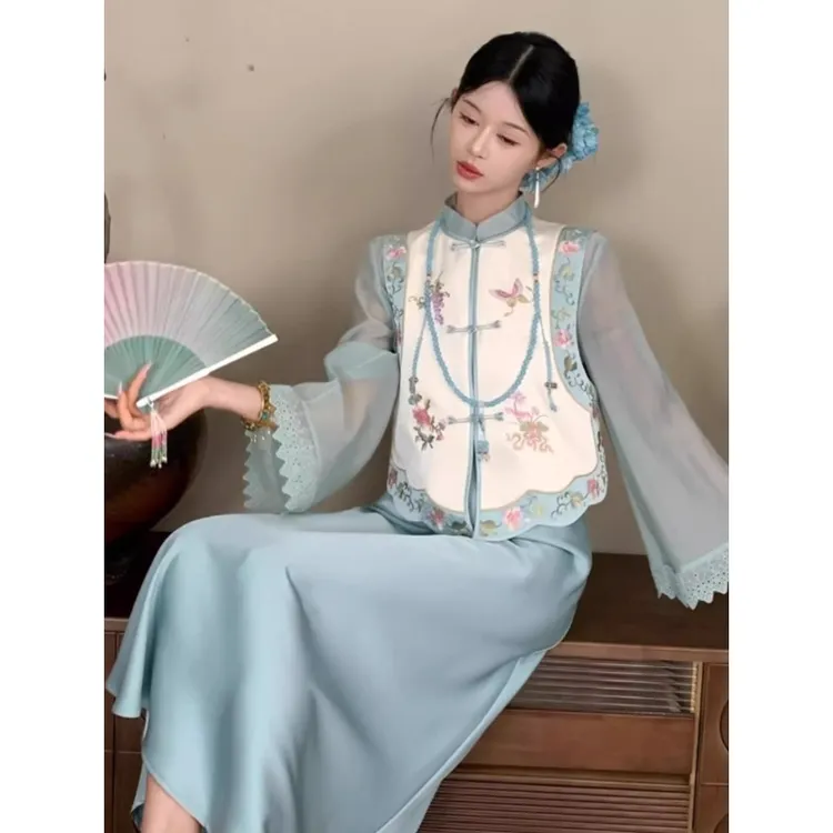 【蓝孔雀】新中式重工刺绣马甲衬衫三件套装早秋新款气质女装