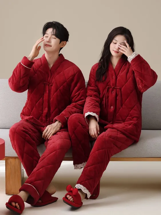 冬季新中式结婚情侣睡衣酒红色珊瑚绒夹棉三层加厚新婚家居服套装