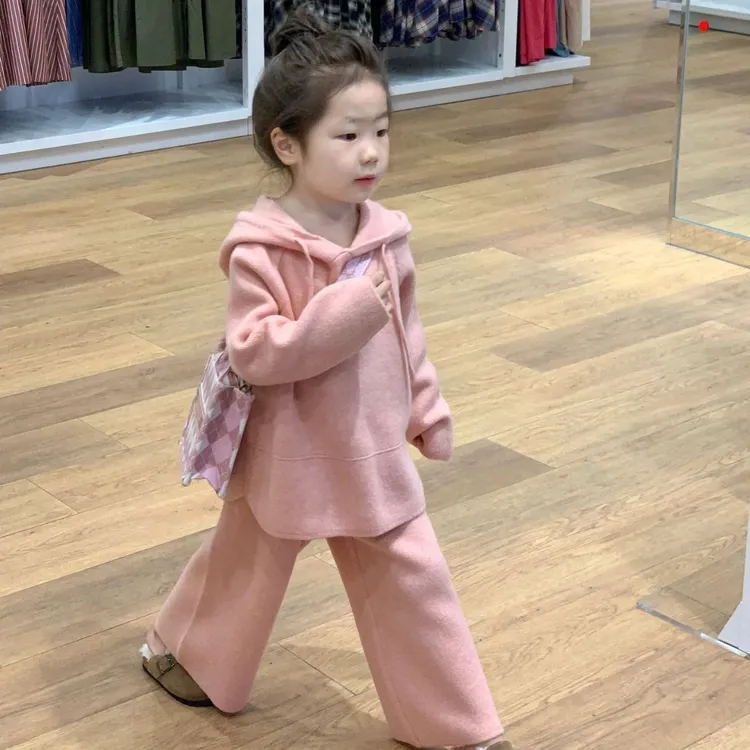 秋季韩国童装女童春秋休闲舒适温柔粉色长袖长裤针织毛线套装