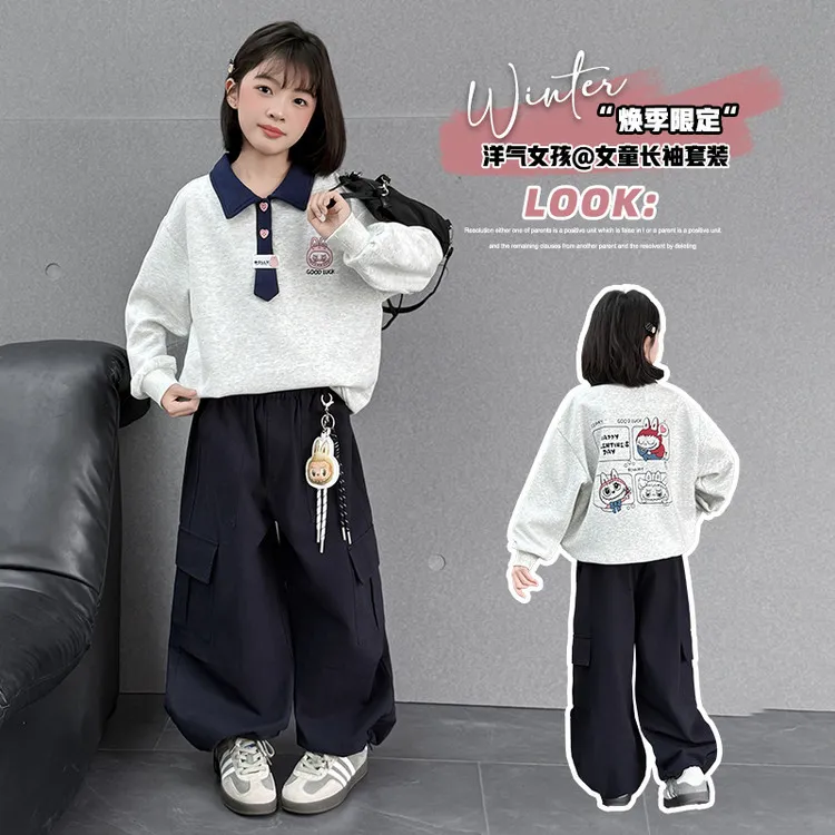 女童爆款套装春秋季新款中大童POLO衫卫衣工装裤两件套小学生运动