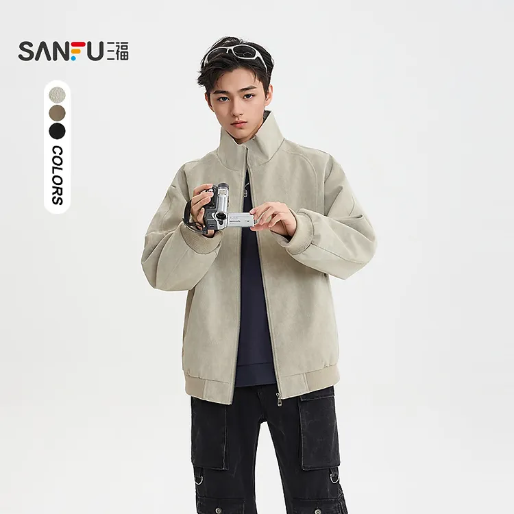 三福2025秋季男士分割设计皮衣夹克 复古美式立领外套511396