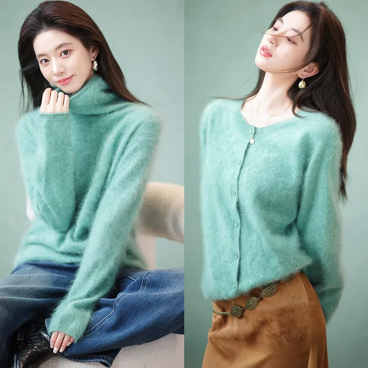 【赵大喜】青柠假日拉毛羊绒系列 | 羊绒双面拉绒无缝一体青色毛衣