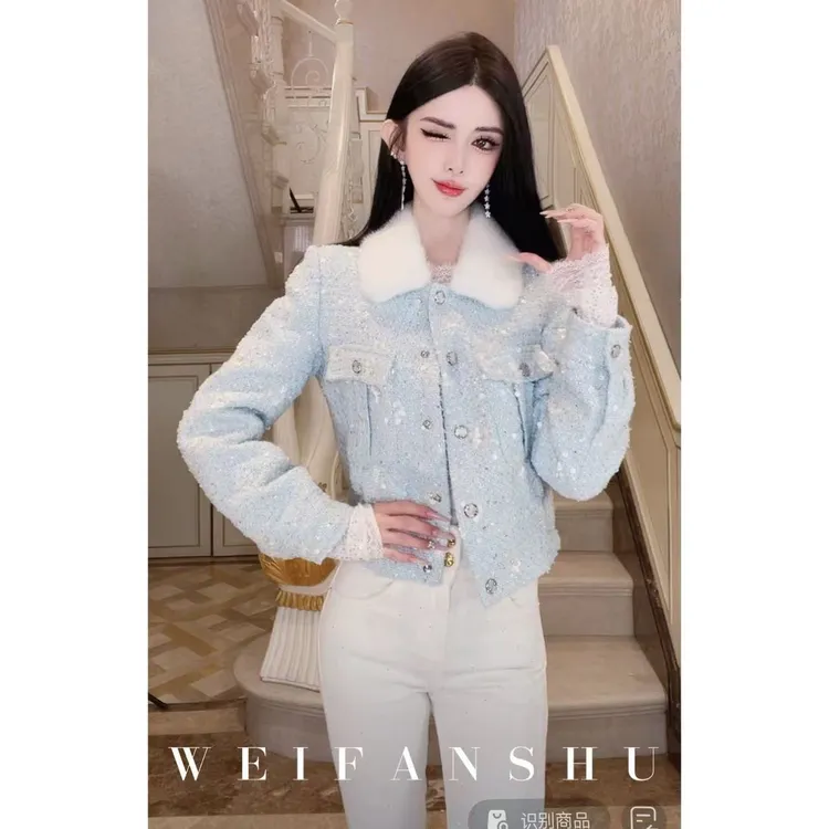 WEIFANSHU/魏凡舒【伴你过冬】秋冬新款粗花呢水貂90鹅绒短款外套