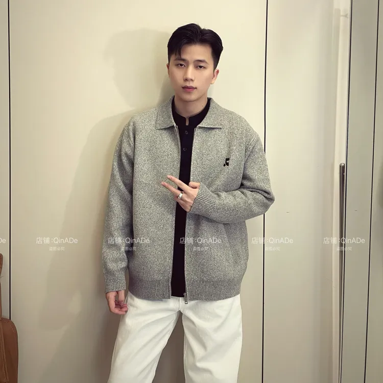QinADe秋季慵懒感刺绣拉链翻领开衫毛衣潮牌宽松百搭针织衫外套男