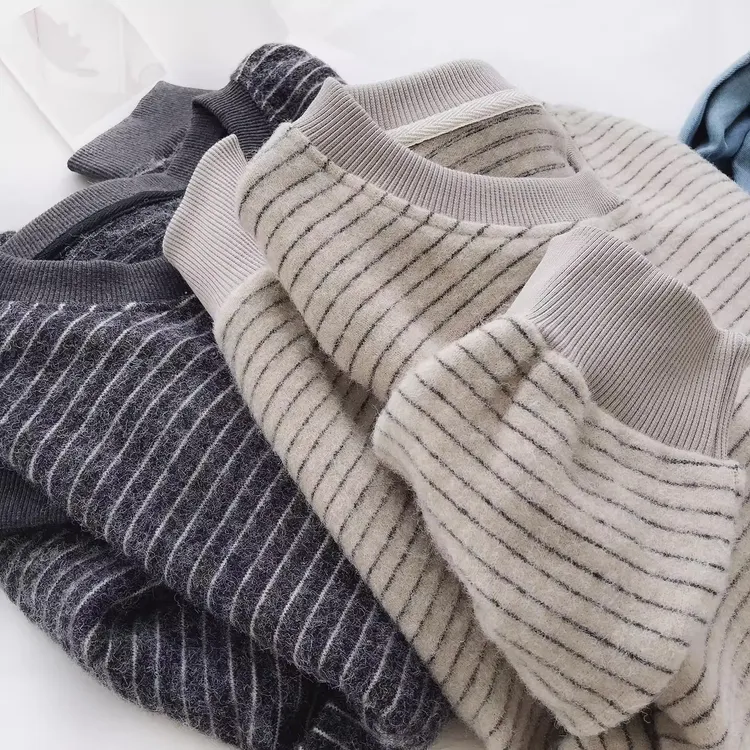 软绵绵兔绒~毛绒条纹长袖T恤女秋冬新款慵懒宽松加厚外搭套头卫衣