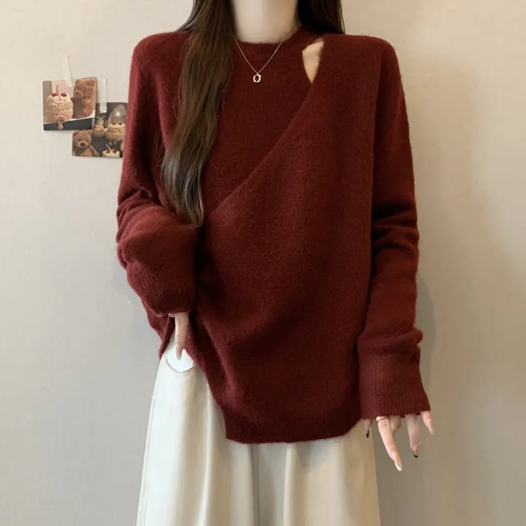 不规则一片式软糯针织毛衣女秋冬大码胖mm加厚慵懒风宽松显瘦上衣