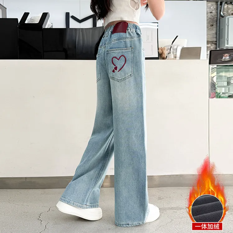 女童加绒牛仔裤秋冬季2025新款儿童直筒阔腿裤8-15岁中大童裤子