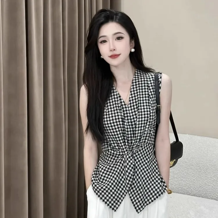 拉夏贝尔法式气质套装2025夏季无袖背心休闲阔腿裤女设计感两件套