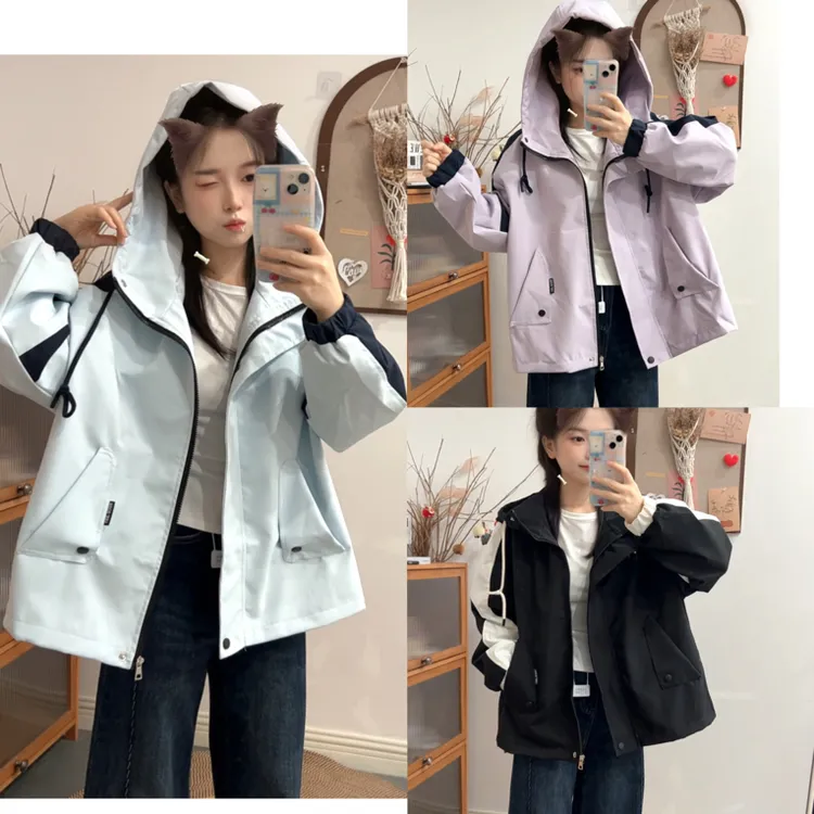 自留款！小个子秋季拼色设计宽松版型连帽冲锋衣短外套休闲百搭