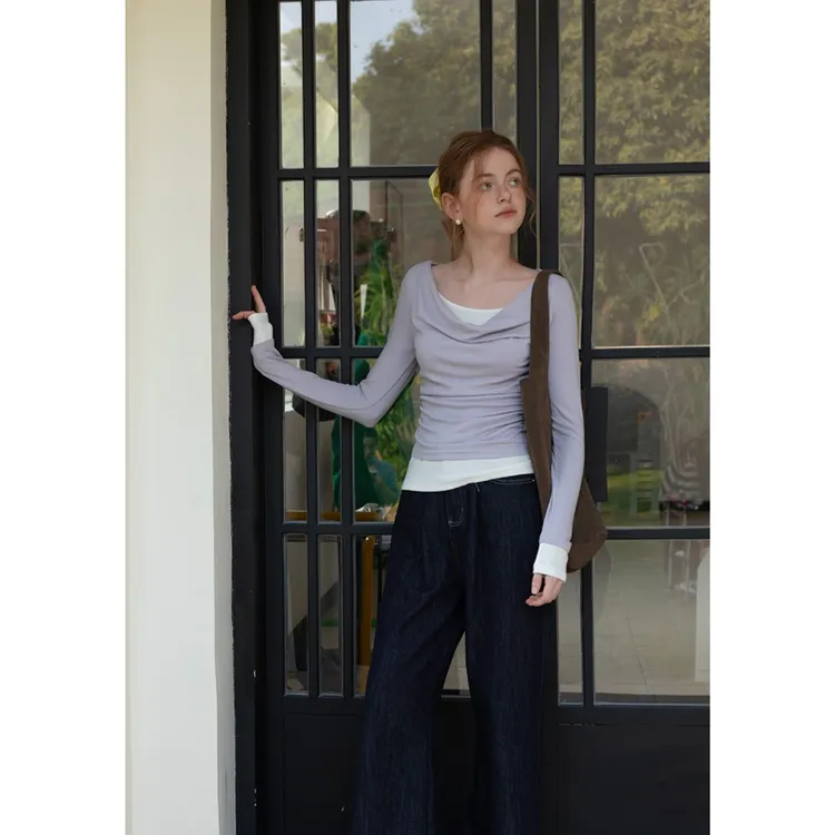 EGGKA 简约修身假两件荡领T恤女春设计感气质温柔上衣 E24A3551YM