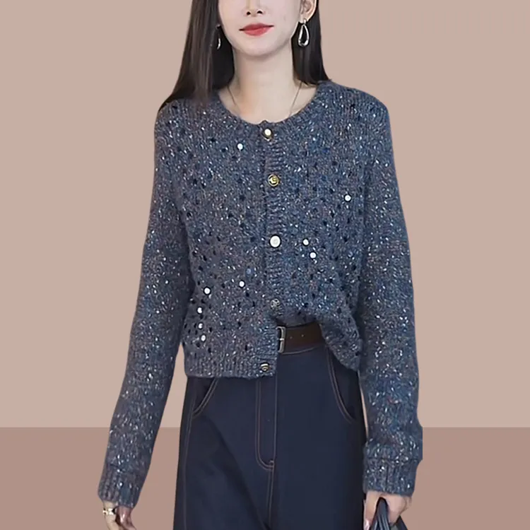 重工亮片小香风毛衣女款爆款2025新款冬款短款单排扣针织开衫外套