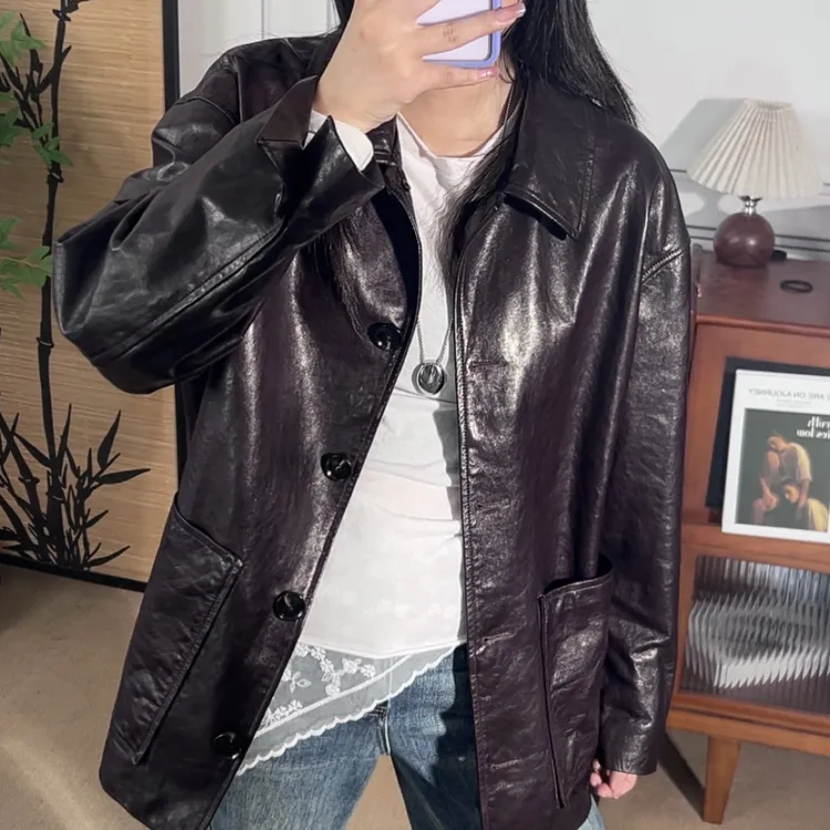 525油蜡绵羊皮翡翠风衣中长款休闲百搭时尚皮衣外套皮夹克真皮