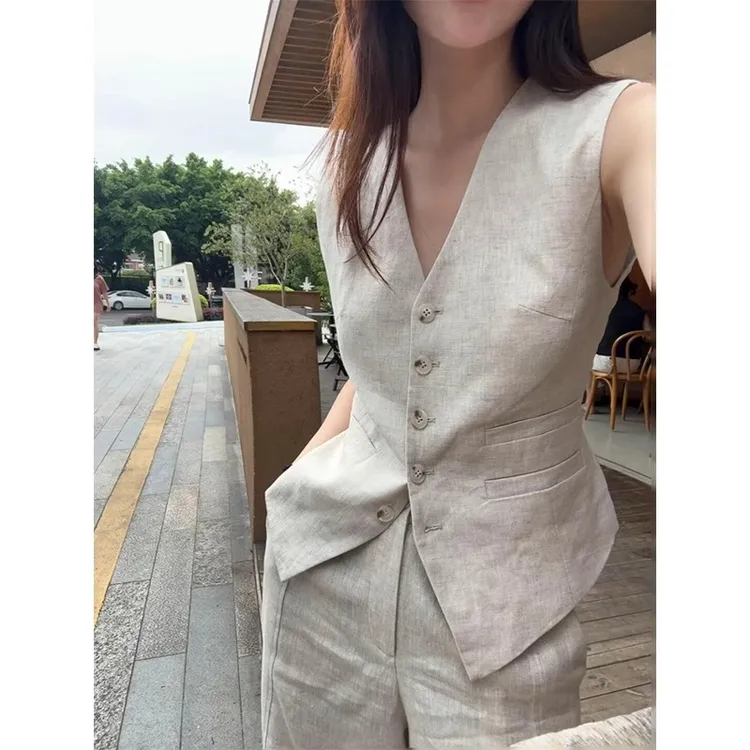 时尚简约卡其色亚麻套装女款2025夏季新款无袖马甲上衣长裤两件套