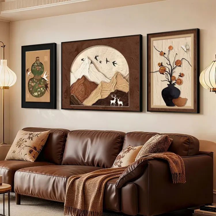 柿柿如意客厅装饰画背有靠山三联壁画好寓意中古风沙发背景墙挂画