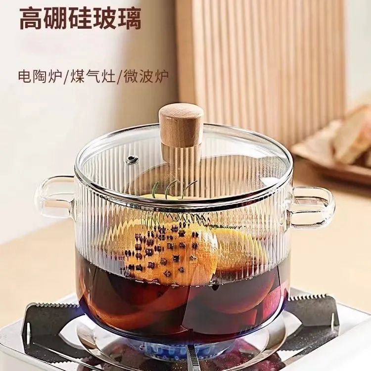 小熊条纹炖汤锅加厚大容量双耳透明玻璃奶锅泡面碗高颜值玻璃锅