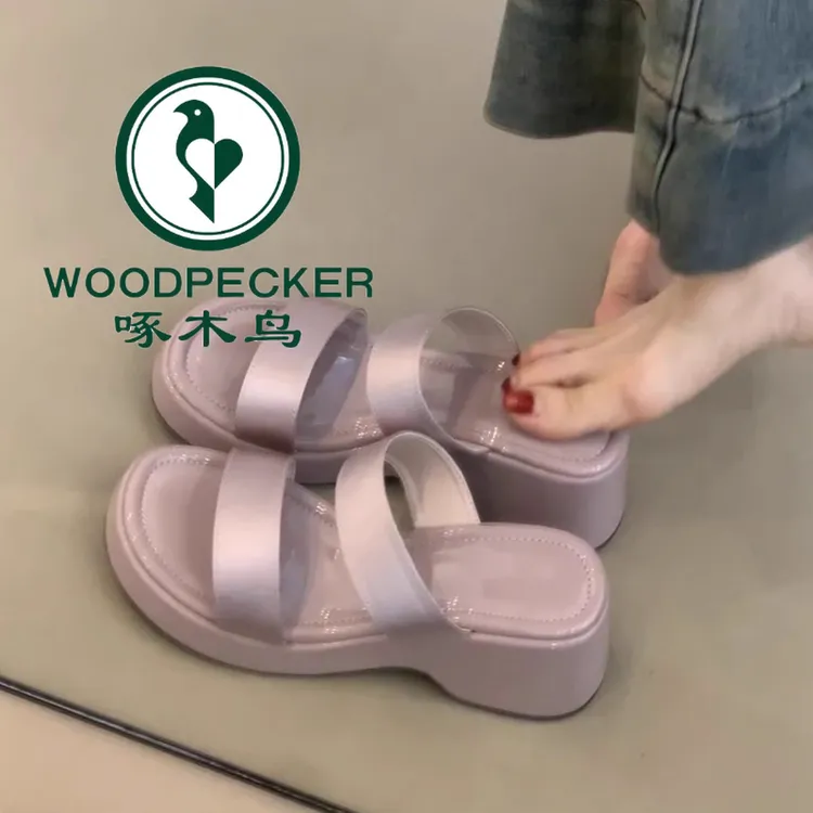 啄木鸟厚底增高露趾一字拖鞋女夏外穿配裙子法式仙女风沙滩凉拖鞋