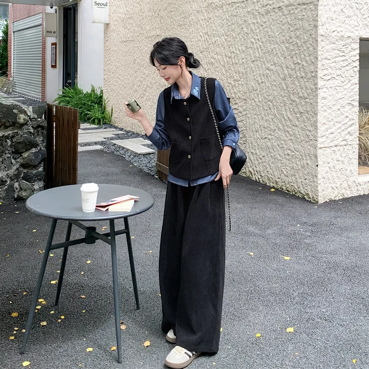 复古简约通勤风马甲衬衫阔腿裤2025春秋新款休闲韩系ins风三件套
