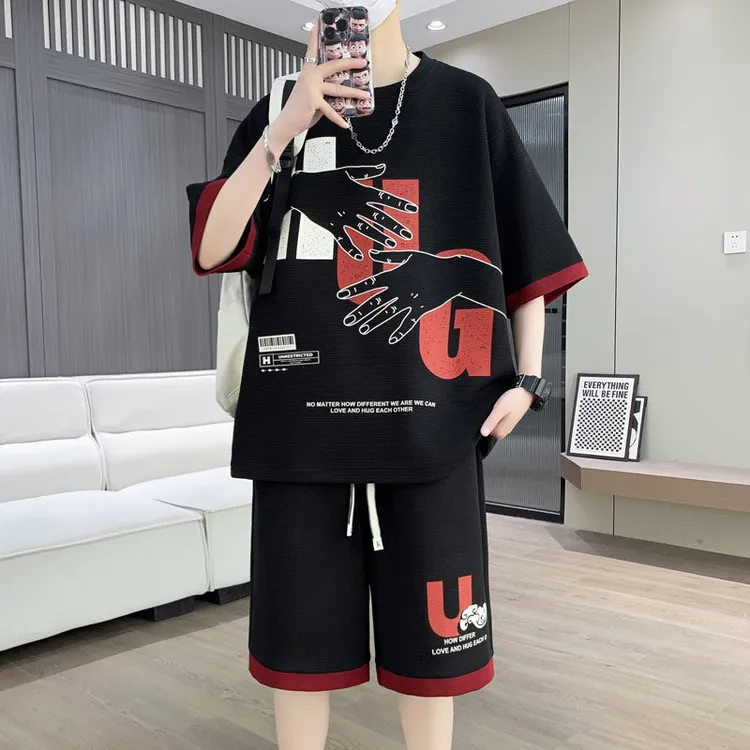运动韩版夏装薄款夏季休闲新款印花青时尚套装百搭男士潮流宽松