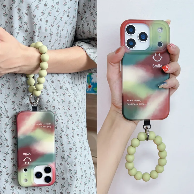 森系水彩纹笑脸串珠适用苹果17pm创意iphone16promax手机壳15女14