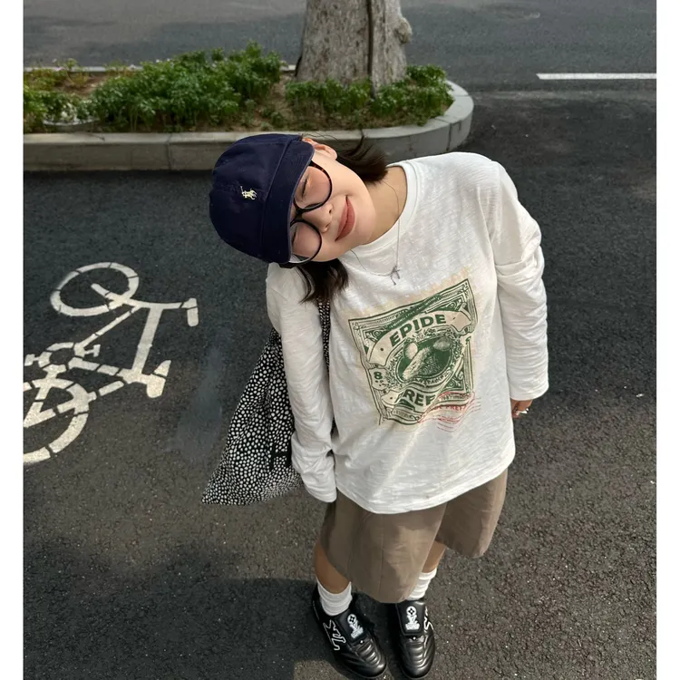 Our2【邮章竹节T】圆领宽松型休闲印花长袖T恤【X5652】