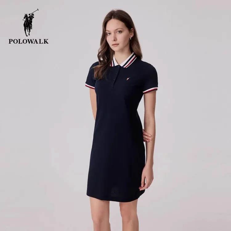 POLOWALK翻领短袖针织连衣裙女夏季收腰显瘦中长裙百搭通勤休闲裙