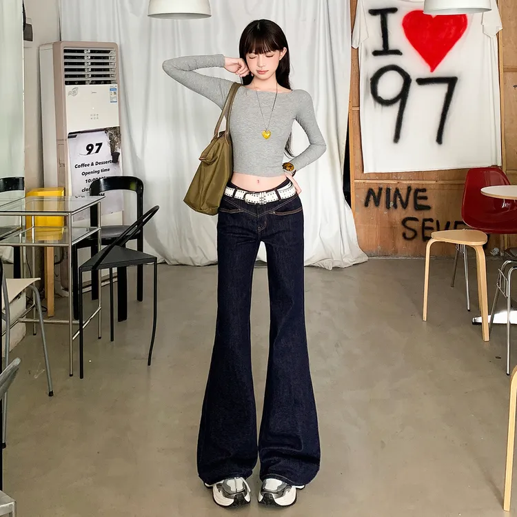 早秋新款&美式复古前开袋设计宽松微喇牛仔裤女
