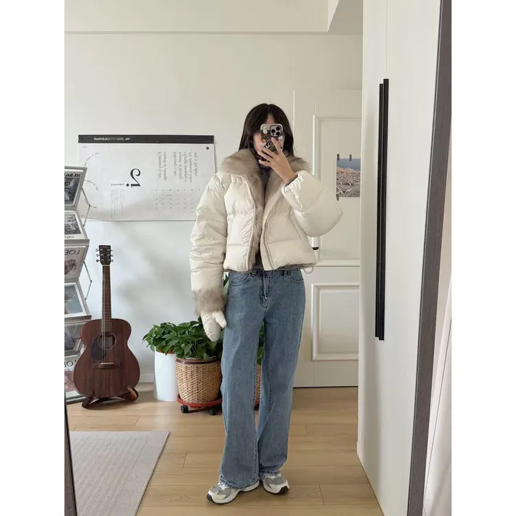 冬季新款百搭短款长袖面包服外套2025保暖加厚高级感大毛翻领棉袄