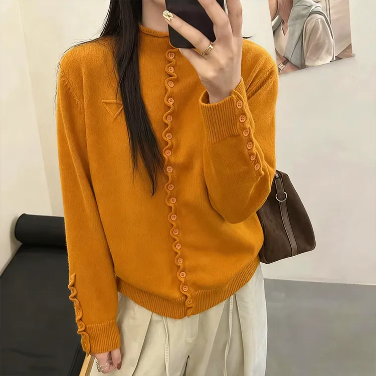 法式气质花边长袖针织开衫女秋冬季新款大码胖MM宽松显瘦外穿毛衣