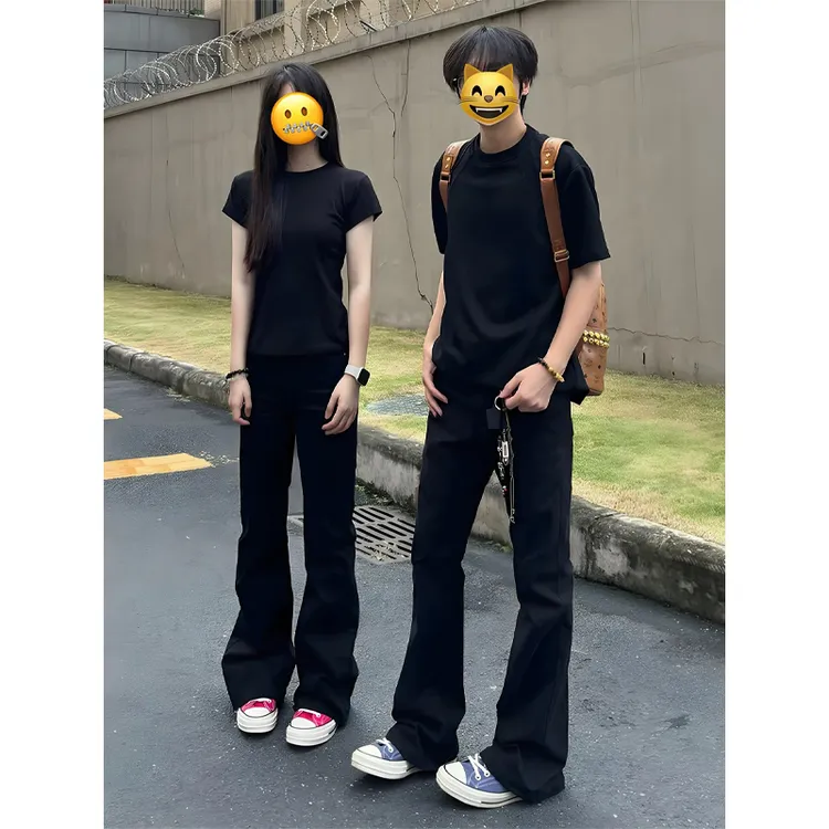 黑色弯刀牛仔裤男秋冬加绒加厚美式潮牌cleanfit修身直筒微喇裤子