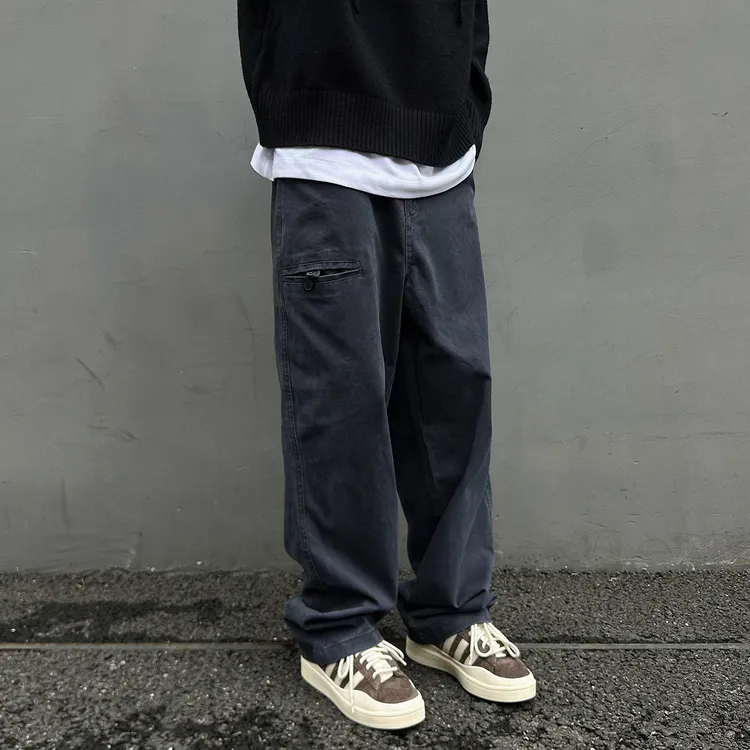 【UNAPS】美式复古vintage法工蓝工装裤男女做旧松紧腰直筒休闲裤子