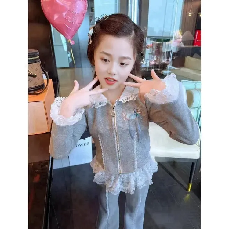 女童春款蕾丝两件套2025新款儿童高定卫衣长裤运动套装公主连帽