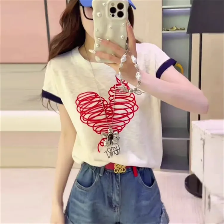 欧货重工刺绣撞色线条爱心短袖t恤女夏季慵懒风显瘦减龄别致上衣