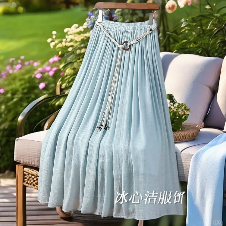 夏季复古国风大摆仿棉麻半身裙女2025新款百搭绑带显瘦a字长裙子