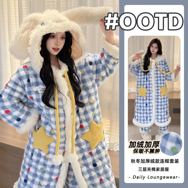 草本初色睡袍三层夹棉连帽纽扣长毛绒睡衣加绒加厚保暖休闲家居服