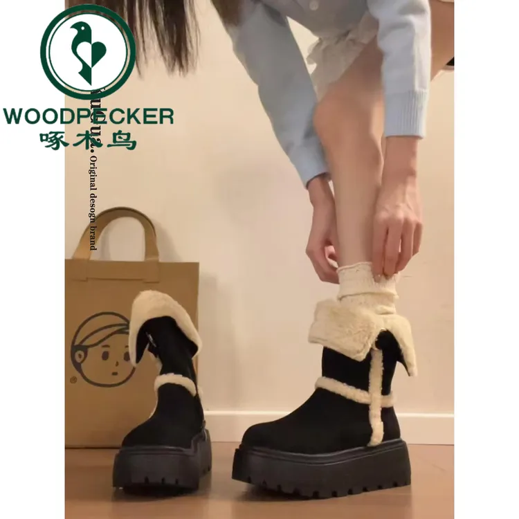 啄木鸟厚底两穿雪地靴女2025新款冬季加绒加厚保暖棉靴美拉德短靴