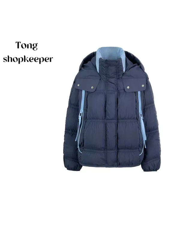 QJ/彤掌柜1682763 冬季2025白鸭绒竖拉链撞色压褶版型连帽羽绒服