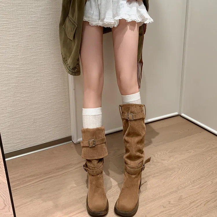 6cm~两穿复古靴子女长筒靴高筒堆堆靴棕色骑士靴西部中筒靴美拉德