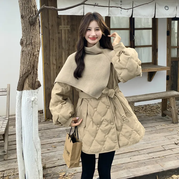 优雅气质小香风披肩菱格羽绒服女2025冬季中长款收腰显瘦90绒外套