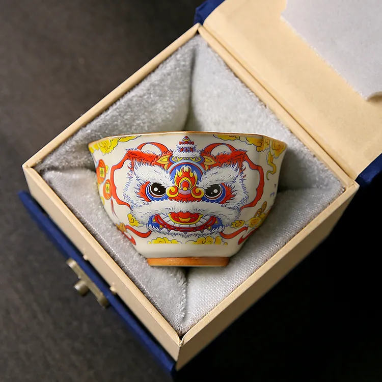 醒狮汝窑茶杯陶瓷高档开片可养泡茶功夫茶具单杯国潮风主人杯礼盒