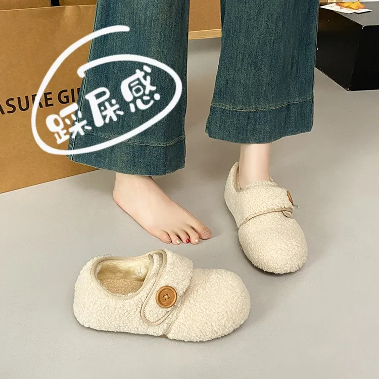 啄木鸟加绒全包勃肯鞋女款2025新款冬季外穿保暖棉鞋毛毛乐福鞋