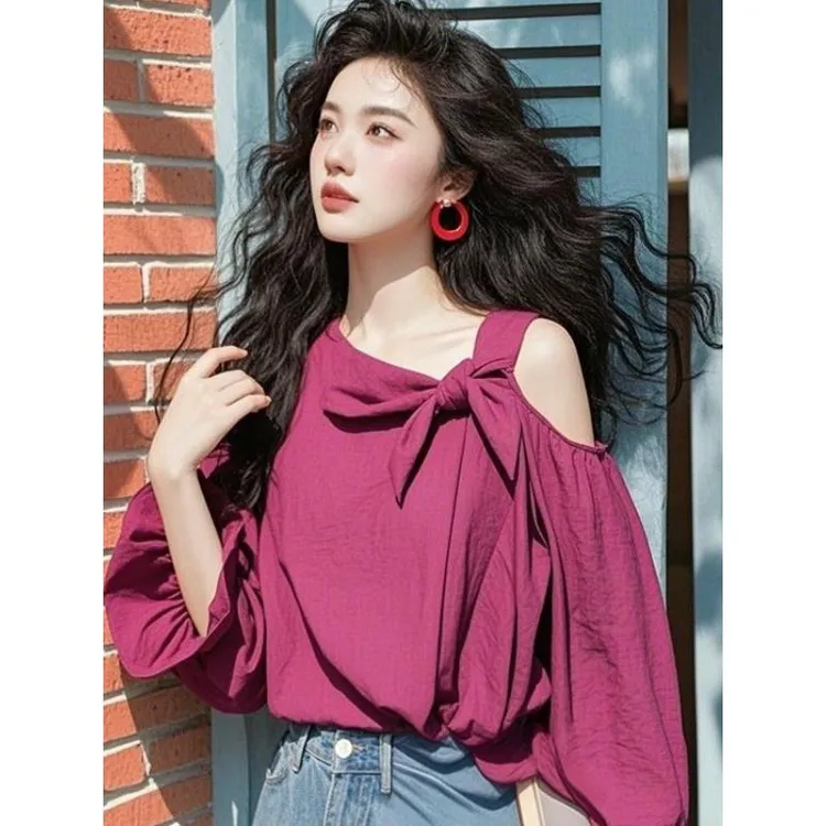 2025年春季新款小衫超好看独特漂亮设计感减龄紫色蝴蝶结露肩衬衫