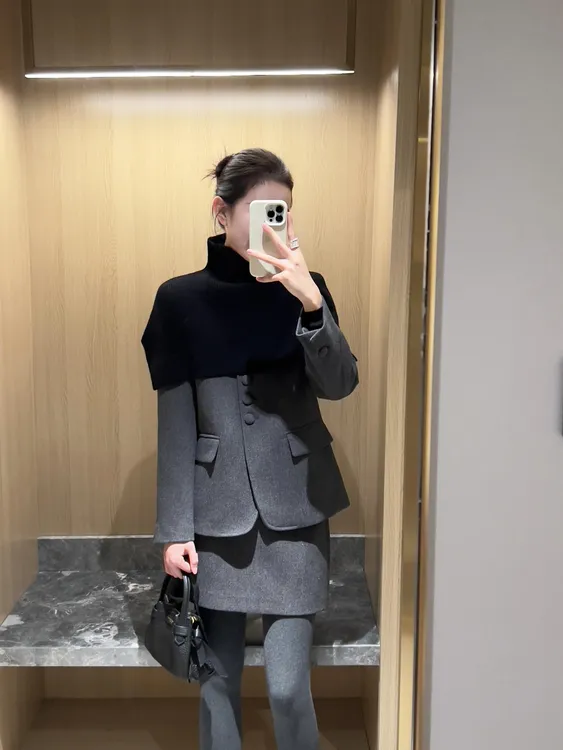 2025秋冬新款韩系小香风毛呢正肩呢子外套针织披肩半身裙三件套