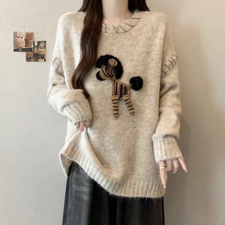 慵懒风复古小马刺绣软糯毛衣女秋冬大码胖妹妹宽松减龄针织衫上衣