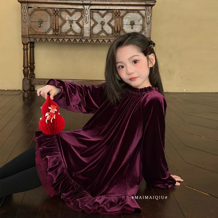 「麦麦秋」【紫气东来】韩国绒女中大童冬季保暖长袖丝绒连衣裙GD2672