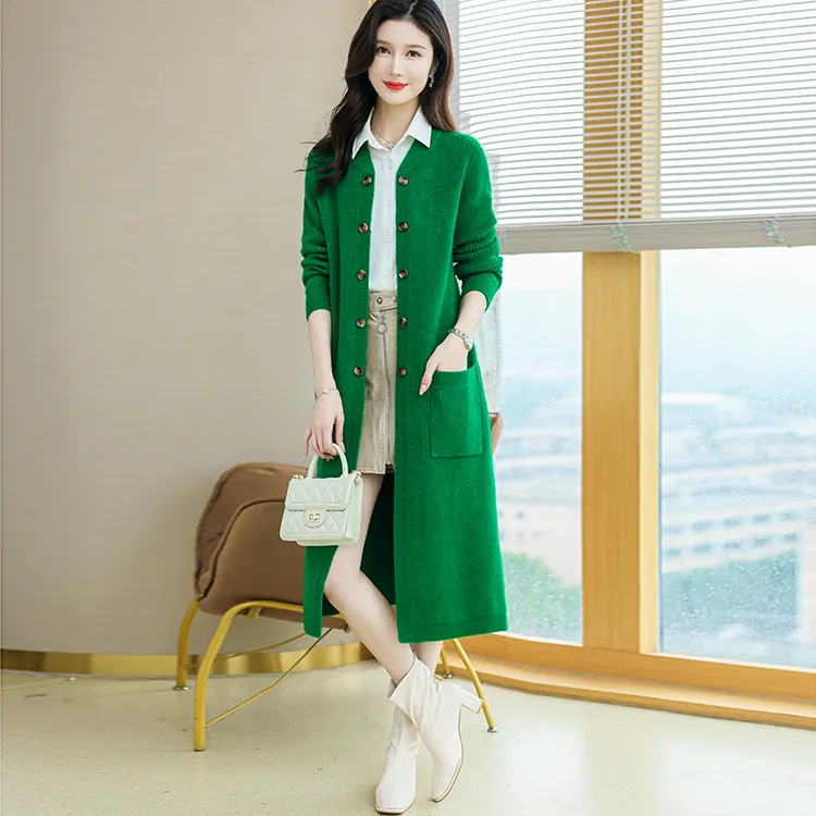 秋冬大码新款针织开衫外搭纯色长款宽松外套时尚中年妈妈装毛衣女