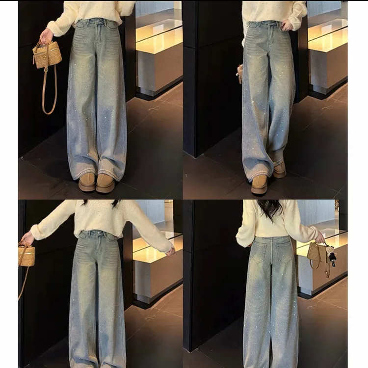 ZOZO-2778-878春夏新款女爆闪烫钻重工高腰显瘦牛仔阔腿裤