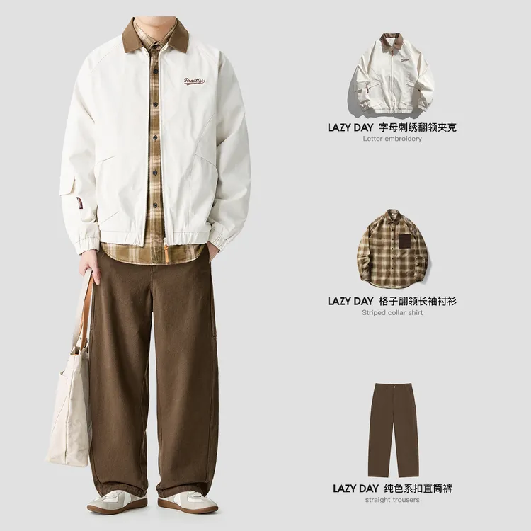 LAZY DAY原创男装美式复古撞色刺绣底特律工装夹克男秋季宽松外套