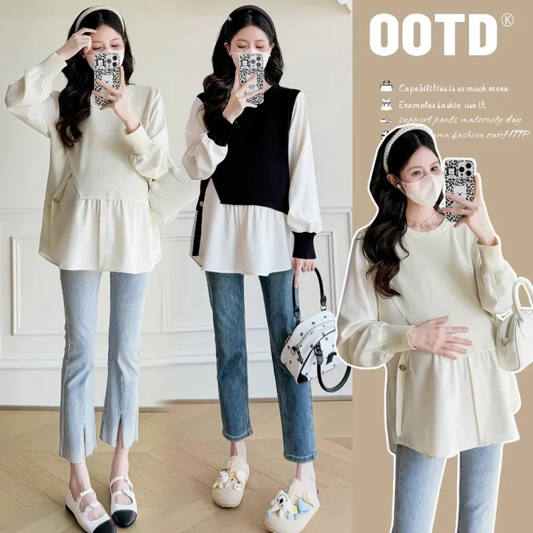 实拍春装新款2025孕妇装时尚上衣拼接设计感开叉假两件衬衫娃娃衫