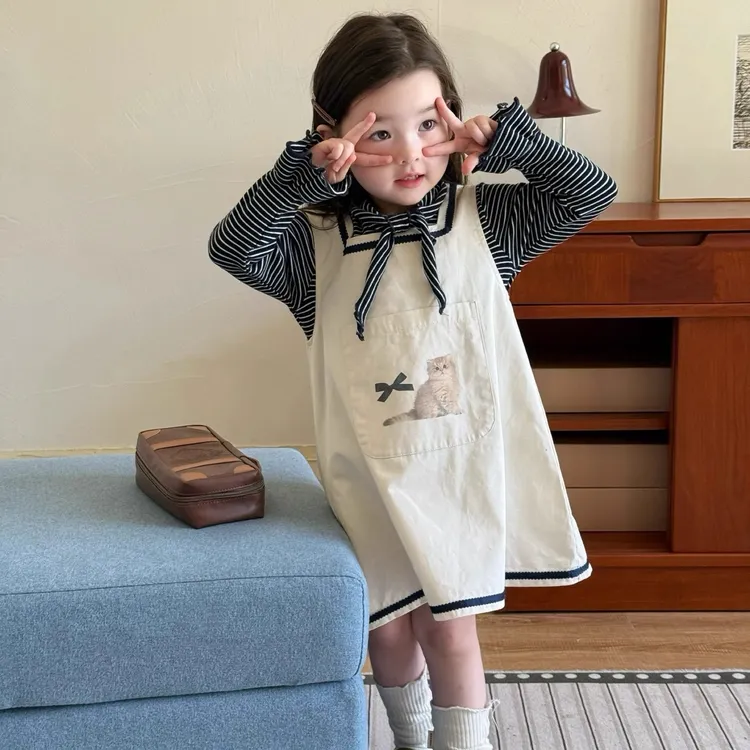 女童秋装套装2025秋季新款小童韩版条纹可爱小猫背心裙套装两件套