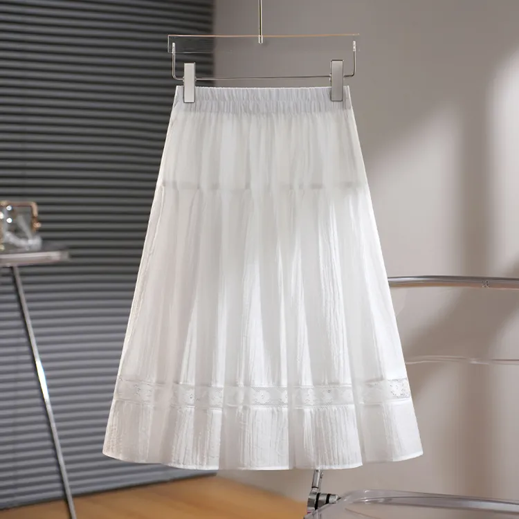 拉夏贝尔白色高腰拼接半身裙女2025夏季轻薄新款松紧休闲百褶中裙